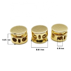 Factory Custom Round Double Hole 4mm Shiny Gold Dotted Bungee Cord Lock Draw Cord Stopper for elastic rope clothing bags