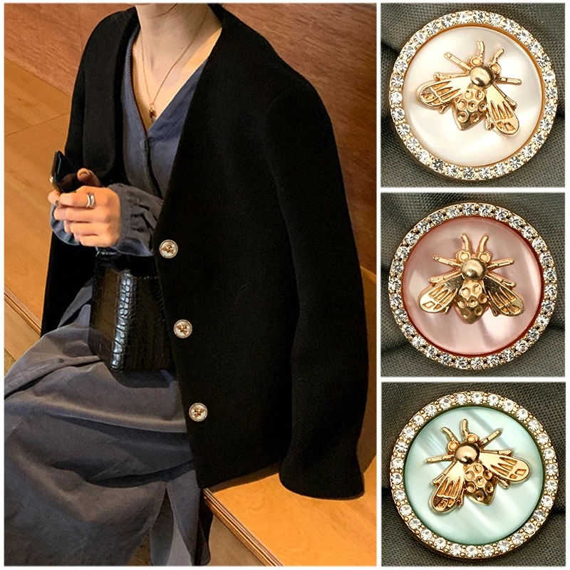 Retro Rhinestones Diamond Decor Metal Gold Pink Blue Pearl Buttons for Clothing Coat Cardigan Sweater Sew Needlework